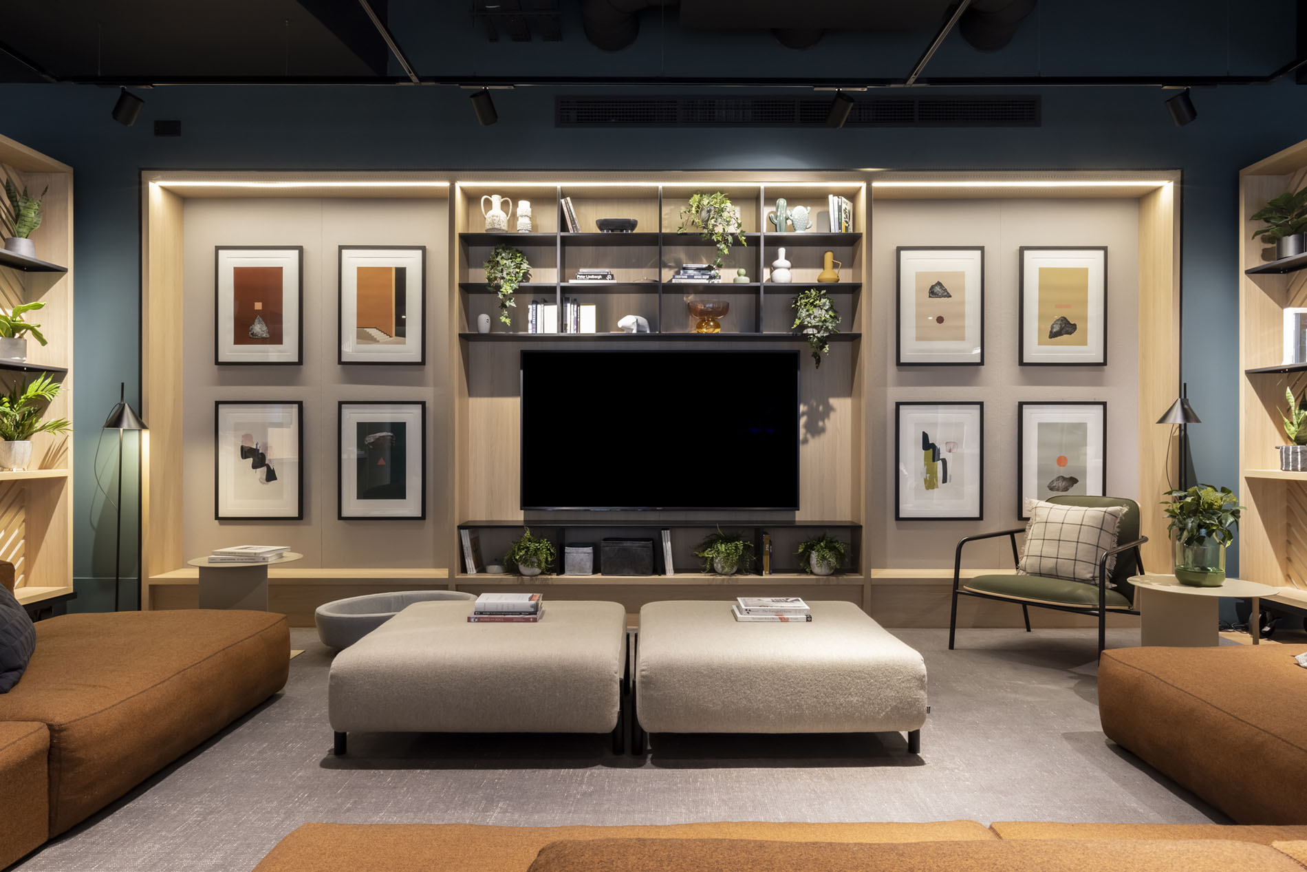 Television watching area with artwork Television watching area with artwork