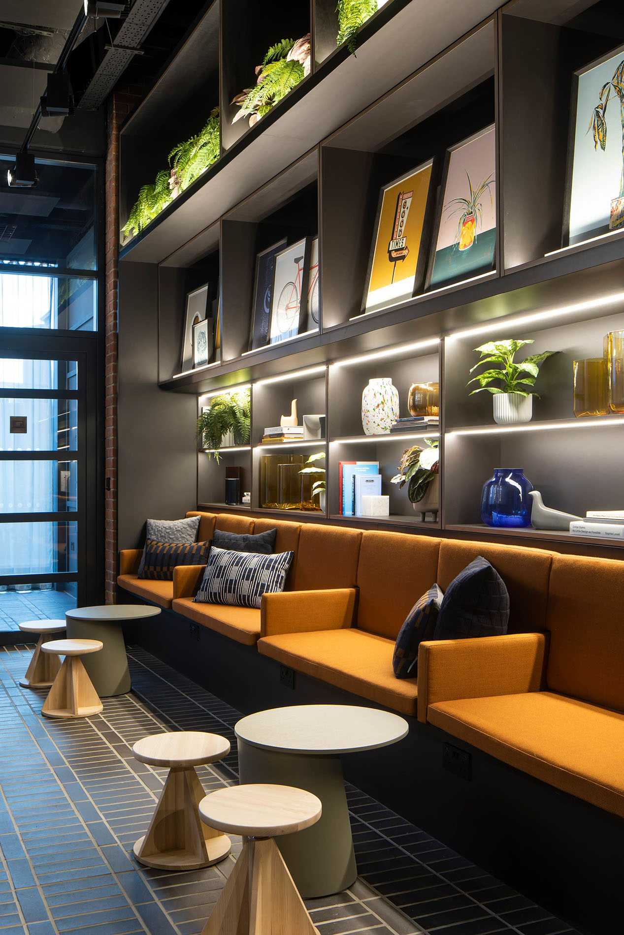 Seating area with cushions and shelves