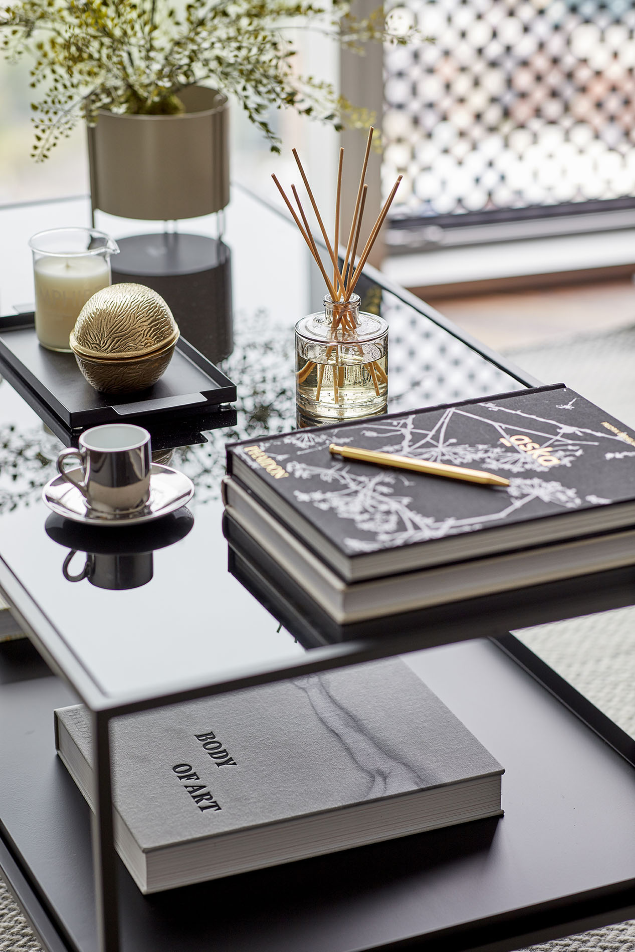 Books and ornaments on coffee table Books and ornaments on coffee table