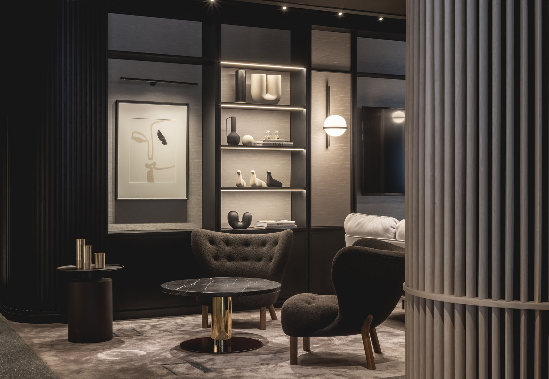 Seating area with table and shelves