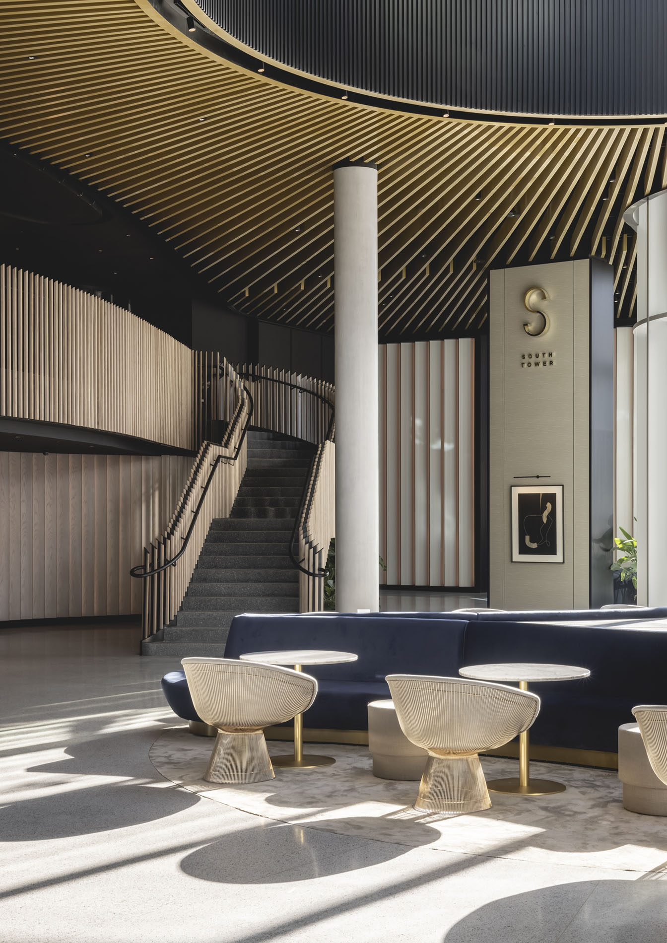 View from bottom of stairs in lobby area