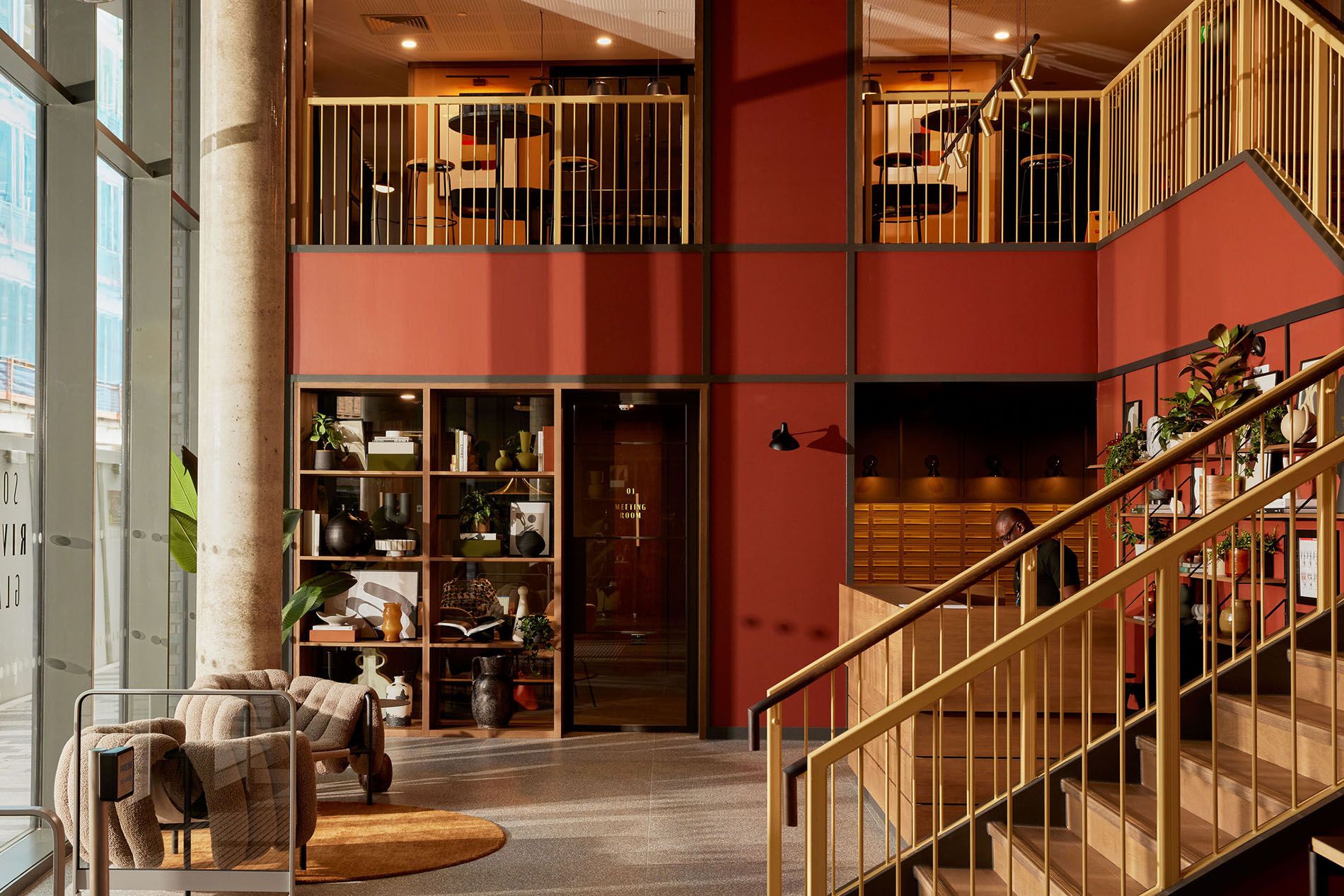 Lobby area with seating and stairs