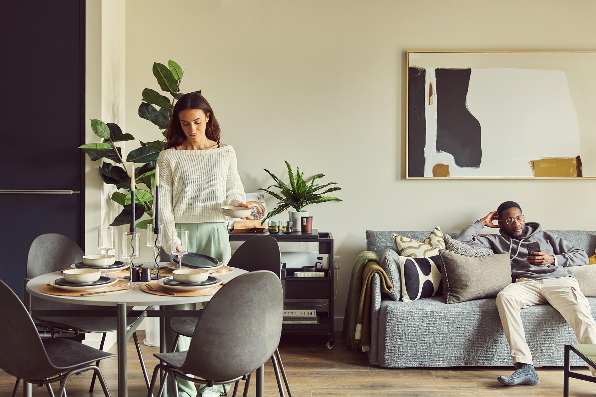 Setting Table and Relaxing on Sofa Setting Table and Relaxing on Sofa